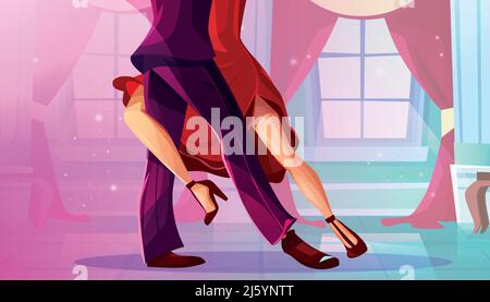 Tango im Ballsaal Vektor-Illustration von Mann und Frau in Rotes Kleid tanzt lateinamerikanischen Tanz in der königlichen Palasthalle Mit rosafarbenen Vorhängen im Wind Stock Vektor