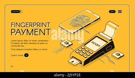 Fingerabdruck-Zahlung Service isometrischen Vektor-Web-Banner mit digitalem Chip, Fingerabdruck und Kreditkarte Scanner line Art Illustration. Innovatives Biom Stock Vektor