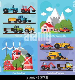 Bauernhof orthogonal Wohnung 2x2 Icons Set zeigt das Leben auf dem Land Und Traktoren landwirtschaftlichen Transport-und landwirtschaftlichen Gebäuden isoliert Vektor-Illustration Stock Vektor