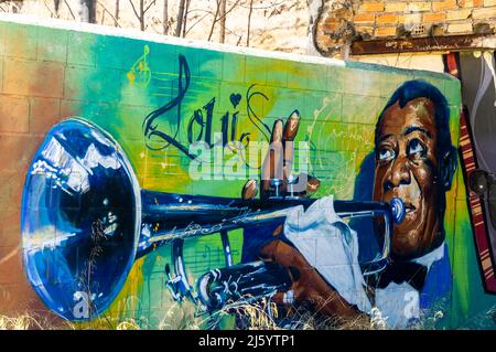 Wandbild mit Louis Armstrong und Trompete an der Wand im Parque de las Palmas, Granada, Spanien, Europa Stockfoto