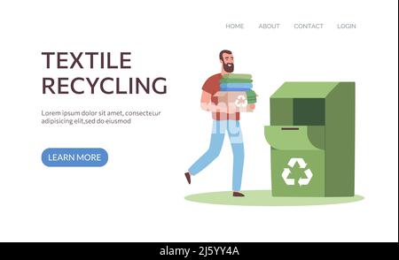 Webvorlage Recycling-Textil..Ein männlicher Freiwilliger trägt eine Schachtel mit alter Kleidung, die recycelt werden soll. Wiederverwenden von Kleidung, Öko-Mode, keine Verschwendung. Flache Vektorgrafik. Stock Vektor