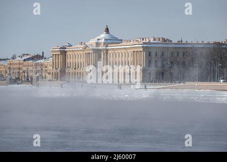 SANKT PETERSBURG, RUSSLAND - 15. FEBRUAR 2021: Blick auf das Gebäude der St. Petersburger Akademie der Künste, benannt nach Ilya Repin, während des Winters Neva Stockfoto