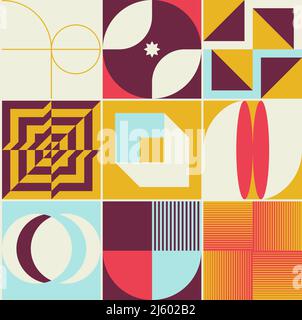 Retro Future Art inspirierte Vektormuster mit abstrakten geometrischen Formen und kräftigen Formen. Digitales Grafikdesign für Poster, Cover, Kunst, p Stock Vektor