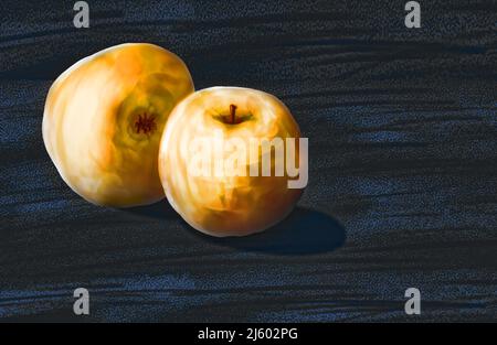 Lackierte gelbe Äpfel auf grauem Hintergrund. Hochwertige Illustration Stockfoto