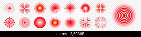 Schmerzlokalisierung. Schmerzhafter Bereich, schmerzende Stelle. Rote Kreise, Ziele. Kopfschmerzen, gequetschter Körperteilmarker. Symbol für Rücken-, Nacken- und Muskelschmerzen Stock Vektor