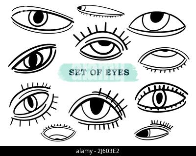 Vector Sammlung von handgezeichneten menschlichen Augen im Linienstil. Cartoon Doodle Eyes. Stock Vektor