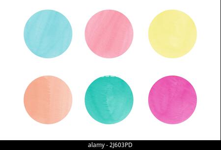 Satz von farbigen Kreisen. Von Hand gezeichnete helle Striche auf weißem Hintergrund. Runde, mehrfarbige Aquarellpunkte. Sommerfarben. Stockfoto