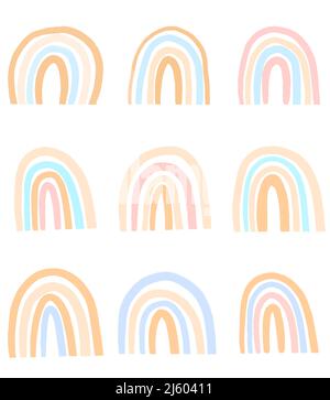 Vector Rainbow Boho Set. Abstrakte Kinder Illustration, Boho Kinderdesign, Regenbogen Cliparts. Stock Vektor