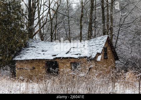 Ruinen einer kleinen Hütte mit Asphaltgleis im ländlichen Michigan, USA [Keine Eigentumsfreigabe; nur redaktionelle Lizenzierung] Stockfoto