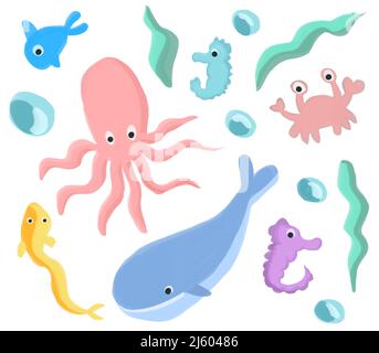 Vektor Unterwasser Welt Cartoon Icon Set. Tropische Fische, Korallen, Sandburg, Seesterne, Muschel, Krabbe. Stock Vektor