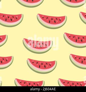 Nahtloses Muster mit Wassermelonen. Wassermelonenscheiben isoliert auf gelbem Hintergrund. Stock Vektor