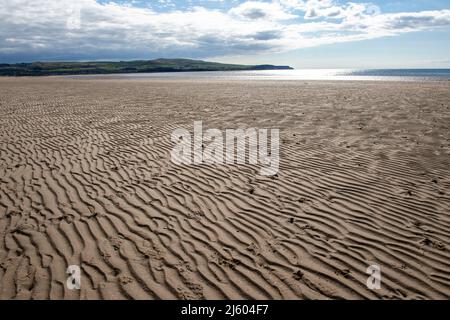 Ayr, Schottland, Großbritannien. 26. April 2022. IM BILD: Westlich von Schottland sah man strahlenden Sonnenschein und blauen Himmel am Meer am Ayr Beach. Menschen gehen spazieren und ein Reiter nimmt ihr Pferd durch einen Galopp im kühlen Meerwasser. Quelle: Colin Fisher/Alamy Live News Stockfoto