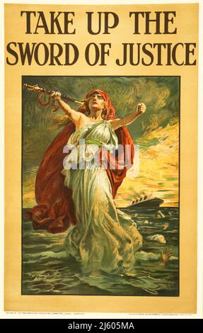 Ein britisches Propagandaplakat aus dem Jahr 1915, das eine klassische Figur zeigt, mit erhobenen Armen und umgeben von ertrunkenen Menschen, nachdem der Ozeanliner Lusitania am 7. Mai 1915 von einem deutschen U-Boot torpediert wurde. 1.198 Menschen, darunter 128 US-Bürger, wurden ertrunken und trugen indirekt zum Eintritt der Vereinigten Staaten in den Ersten Weltkrieg im Jahr 1917 bei. Der Künstler ist Bernard Partridge (1861-1945) Stockfoto