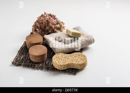 Bad Accessoires Set mit Seifen Stockfoto