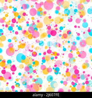 Gelber, rosa und blauer flüssiger Marmor. Nahtloses Muster aus gelben, rosa und blauen Kugeln auf weißem Hintergrund. Digitale Aquarelltextur. Stockfoto