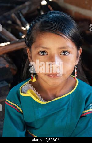 Wixarika oder Wixaritari (Huichol) Gemeinde in der Gemeinde Mezquitic, Stadt San Miguel Huaixtita die Huicholes liegen in der Sierra Norte des Bundesstaates Jalisco und gehören zu den Ethnien, die aus dem Westen des Landes stammen und ihre Traditionen am besten bewahrt haben. Ihre Rituale und ihre Lebensweise. San Miguel, Jalisco; Mexiko Stockfoto