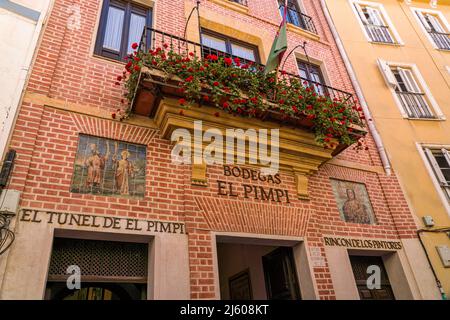 Straßen von Malaga. Vertikale Fotografie der Altstadt von Malaga kleine Straßen , Promenade mit Geschäften und Restaurants. Das Berühmte Restaurant „El Pimpi“ Stockfoto