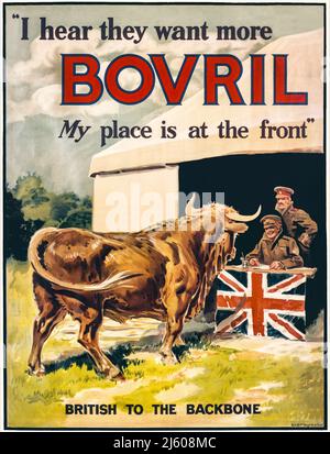 Ein britisches Plakat von 1915, ein Teil Propaganda und ein Teil Werbeplakat für Bovril, eine Marke für Rindfleischextrakt. Das Plakat zeigt, wie sich ein Bulle einer Rekrutierungsstation nähert, die mit der britischen Flagge geschmückt ist. Künstler unbekannt Stockfoto