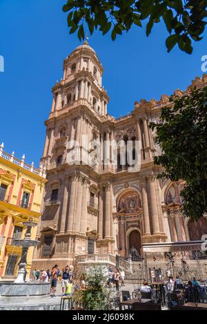 Blick auf die Kathedrale von Málaga, römisch-katholische Kirche in der Stadt Málaga. Blick vom Obispo-Platz, der zwischen 1528 und 1782 erbaut wurde Stockfoto