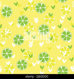 Sommer-Illustration mit Orangen und Zitronen. Seamlees-Muster mit bunten Früchten auf farbigem Hintergrund. Lebensmittelkonzept. Vorlagendesign für Einladung Stock Vektor