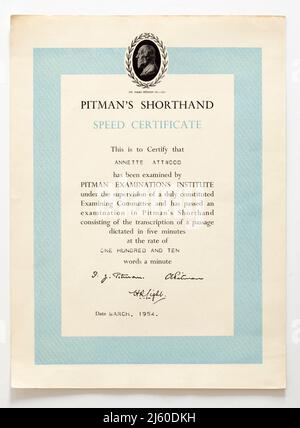 1950s Pitmans Kurzhanthand Speed Certificate Stockfoto