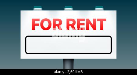 For Rent Plakatwand mit leerem Platz für Text oder Telefonnummer Platzierung, auf einem Nachthimmel Hintergrund, Vektor-Illustration. Stock Vektor