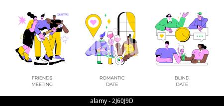 Hangouts abstraktes Konzept Vektor Illustration Set. Freunde treffen, romantisches Blind Date, Freizeit, Seelenverwandten, romantische Beziehung, Liebesgeschichte, Valentinstag, abstrakte Metapher des Restaurants. Stock Vektor