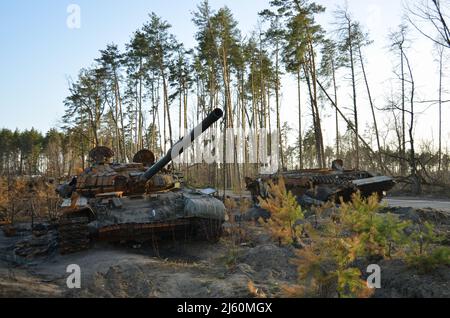 Dmytriwka, Region Kiew, Ukraine - 14. April 2022: Zerstörte russischen Panzer nach den Gegenangriffen der ukrainischen Streitkräfte. Krieg Russlands gegen die Ukraine Stockfoto