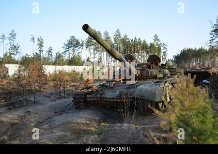 Dmytriwka, Region Kiew, Ukraine - 14. April 2022: Zerstörte russischen Panzer nach den Gegenangriffen der ukrainischen Streitkräfte. Krieg Russlands gegen die Ukraine Stockfoto