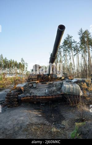 Dmytriwka, Region Kiew, Ukraine - 14. April 2022: Zerstörte russischen Panzer nach den Gegenangriffen der ukrainischen Streitkräfte. Krieg Russlands gegen die Ukraine Stockfoto