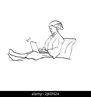 Line-Art-Frau, die sich im Hotel entspannt und nach der Dusche mit einem Laptop-Computer auf einem Bett arbeitet, mit einem handgezeichneten Illustrationen-Vektor von Hand Stock Vektor