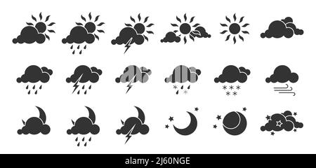 Wettervorhersage Web Interface Element schwarz Glyphe gesetzt. Benutzerdefinierte Natur Himmel Stempel Aufkleber Meteorologie Website warmes kaltes Klima. Sonne Regen Wolke Mond Stern Schnee Blitz Wind etc Symbol auf weiß isoliert Stock Vektor