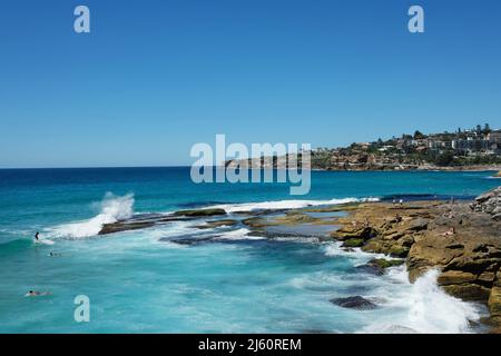 Surfer reiten auf den Wellen am Tamarama Beach, an der Ostküste von Sydney, New South Wales, Australien Stockfoto