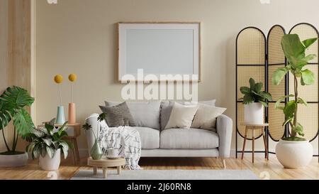 Mock up Poster Rahmen in modernem Interieur mit Sofa und Accessoires im Zimmer.3D Rendering Stockfoto