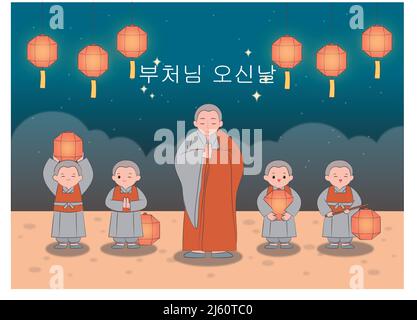 Buddha's Birthday Junge Mönch, Mönche feiern Vektor-Illustration Stock Vektor