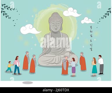 Buddha's birthday Buddha-Statue und buddhistische Anhänger feiern, Vektor-Illustration Stock Vektor