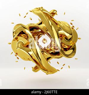 Abstract Art 3D Skulptur mit Goldblume in gewellten sphärischen biologischen Linien mit kleiner Goldkugel isoliert auf weißem Hintergrund, Gold Textur, 3 Stockfoto