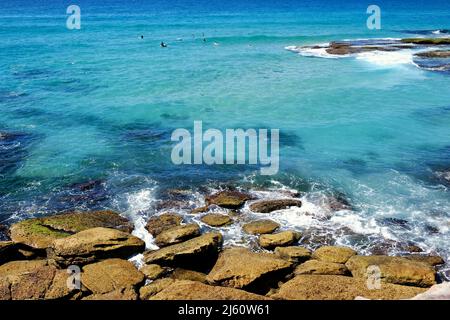 Surfer reiten auf den Wellen am Tamarama Beach, an der Ostküste von Sydney, New South Wales, Australien Stockfoto