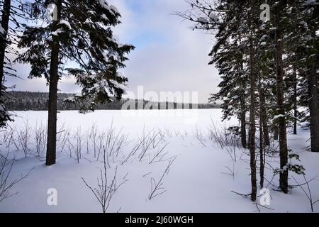 Wunderschöne Aussicht auf gefrorenen See und Wolkenhimmel in einem Nationalpark in Kanada. Stockfoto