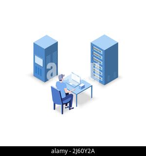 Isometrisches Vektordarstellung Diagnosetest in einem Servercomputerraum. Servertest im Raum. Server werden im Raum getestet. Technologie Kommunikation . Stock Vektor