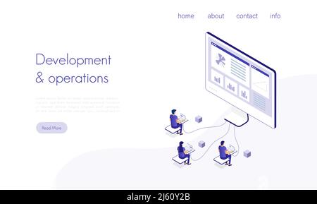 Landing-Page-Vorlage mit einer Gruppe von Programmierern, die auf Laptops, Computern und Smartphones codieren. Konzept der plattformübergreifenden Softwareentwicklung, Apps für d Stock Vektor
