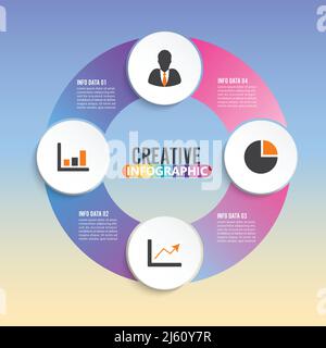 Vektor-Infografik Kreis Vorlage mit 4 Schritten, Teile, Optionen, Sektoren, Stufen. Kann für Diagramm, Kreisdiagramm, Workflow-Layout, Cycling-Diagramm, Stock Vektor