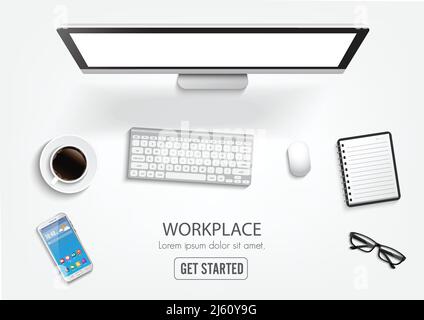 Realistischer Arbeitsplatz-Desktop. Draufsicht Schreibtisch, PC mit Tastatur, Smartphone, Aufkleber, Brille, offene Notiz. illustrator-Vektor. Stock Vektor