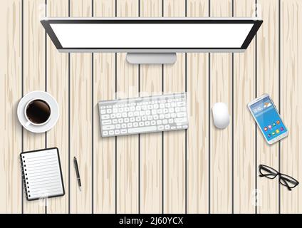 Realistischer Arbeitsplatz-Desktop. Draufsicht Schreibtisch, PC mit Tastatur, Smartphone, Aufkleber, Brille, offene Notiz auf Holz. illustrator vec Stock Vektor