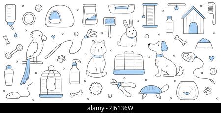 Doodle Hintergrund mit Zoo-Markt Haustiere Pflege Produktion. Hauskatze, Hund, Papagei, Kaninchen mit Schildkröte oder Fische im Aquarium. Lebensmittel, Kamm und Leine, Knochen, Kosmetikflaschen, Lineare Vektorgrafik Stock Vektor