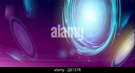 Weltraumportale in Universe, Galaxien-Wurmloch oder blackhole-Trichter für Reisen durch die Zeit mit Millionen Sternen und Nebel um. Science Fiction Vortex Hyperspace Tunnels, Cartoon Vektor Illustration Stock Vektor