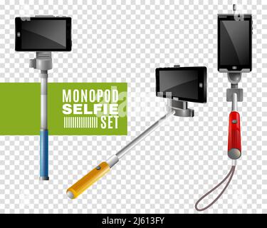 Bunte Monopods mit Handys für Selfie auf transparent isoliert gesetzt Hintergrund realistische Vektordarstellung Stock Vektor