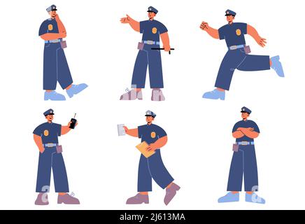 Polizist Charakter in verschiedenen Posen. Polizist oder Wachmann in blauer Uniform mit Mütze und Abzeichen. Vektor-flache Illustration von Mann Cop mit Walkie Talkie, Schlagstock und Verkehrskarte Stock Vektor