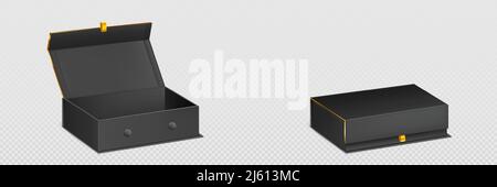Magnetbox 3D mockup, geschlossene und offene Behälter für Schmuck oder Geschenk. Schwarze starre Packungen Schablone, rechteckiges Papier oder Karton Gehäuse isoliert auf weißem Hintergrund, realistische Vektordarstellung Stock Vektor