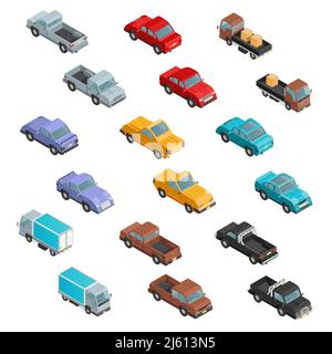 Straßentransport Fahrzeuge Beförderung von Passagieren und Fracht Autos bunt isometrisch Icons Sammlung abstrakt isoliert Vektor Illustration Stock Vektor